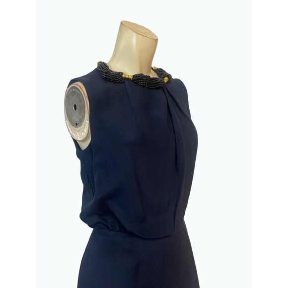 Magaschoni Collection Navy Beaded Neck Designer Dress XS 0 2 - Picture 3 of 6